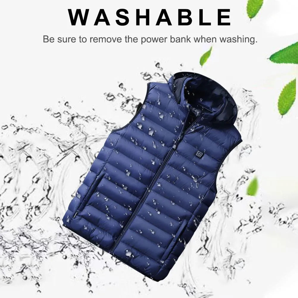 Heated cotton vest in black with USB power cable for outdoor winter use