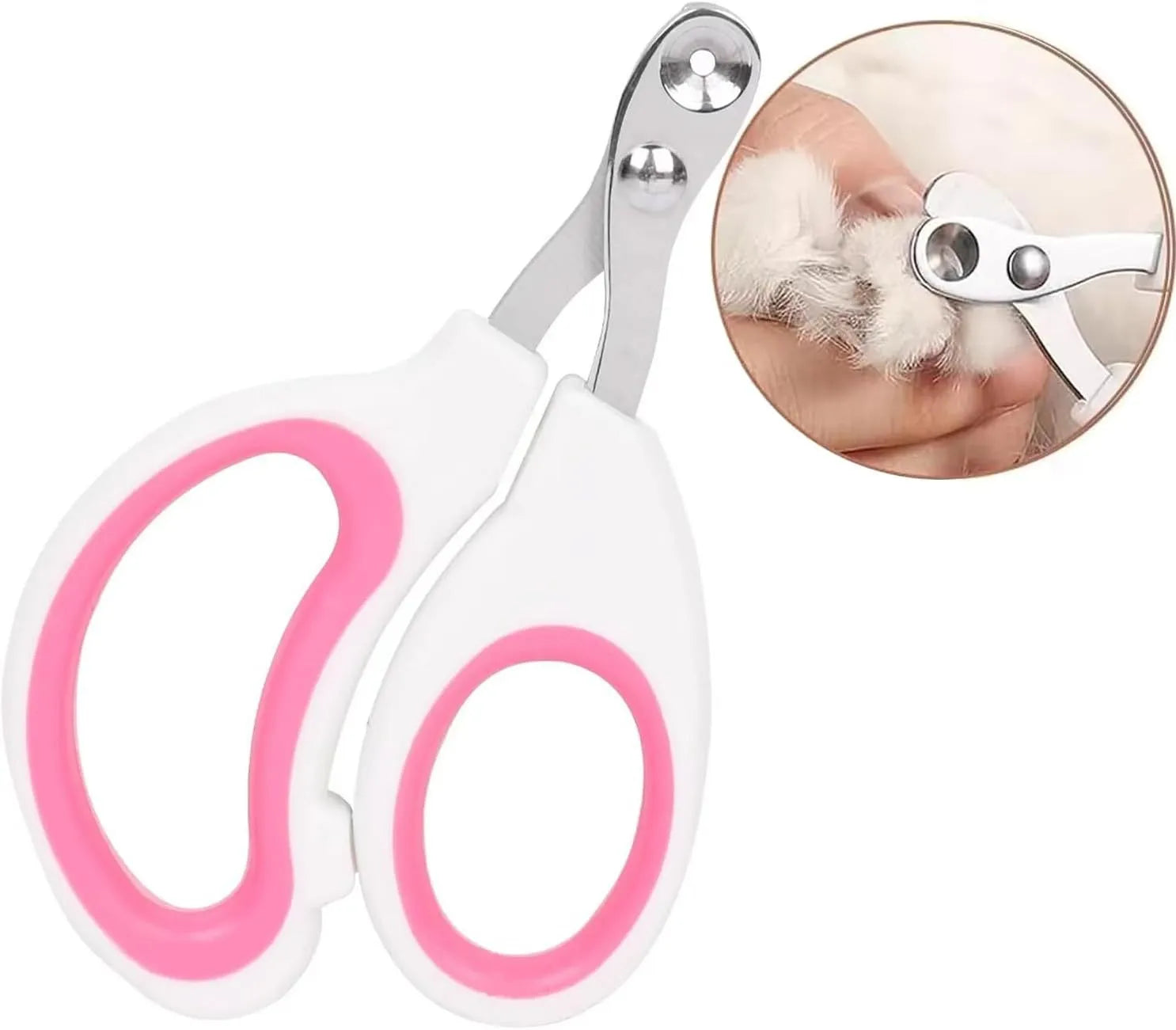 Cat nail clippers with circular hole design in blue, orange, and pink colours