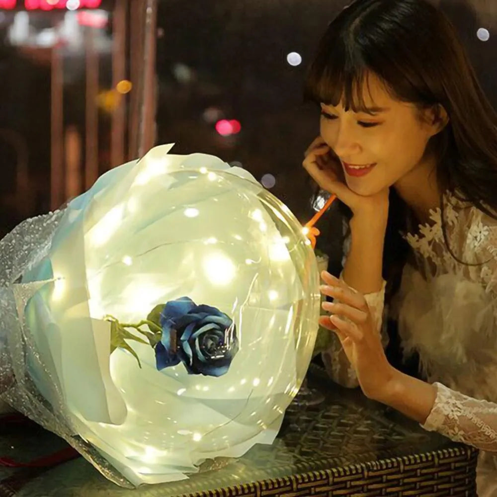 Transparent round LED luminous balloon rose bouquet with artificial flower and lights for DIY assembly