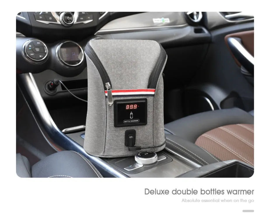 Grey Oxford cloth portable baby bottle warmer with digital display and car USB charger
