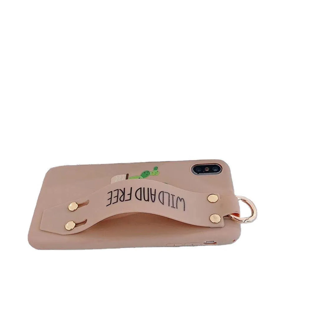 Green wristband holder phone case with graffiti design for iPhone, showing the integrated carrying loop.