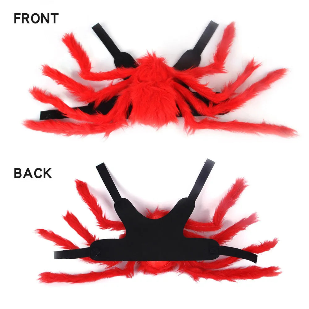 Pet cat dog Halloween creative spider costume in red black cotton fabric on a small dog
