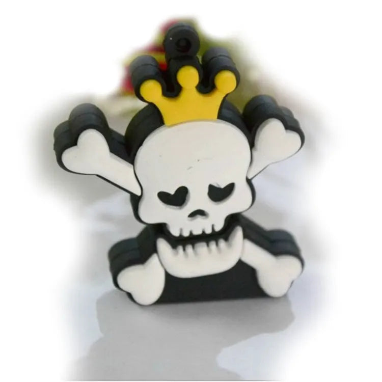 Halloween-themed skeleton skull USB flash drive with small chain in assorted colours.