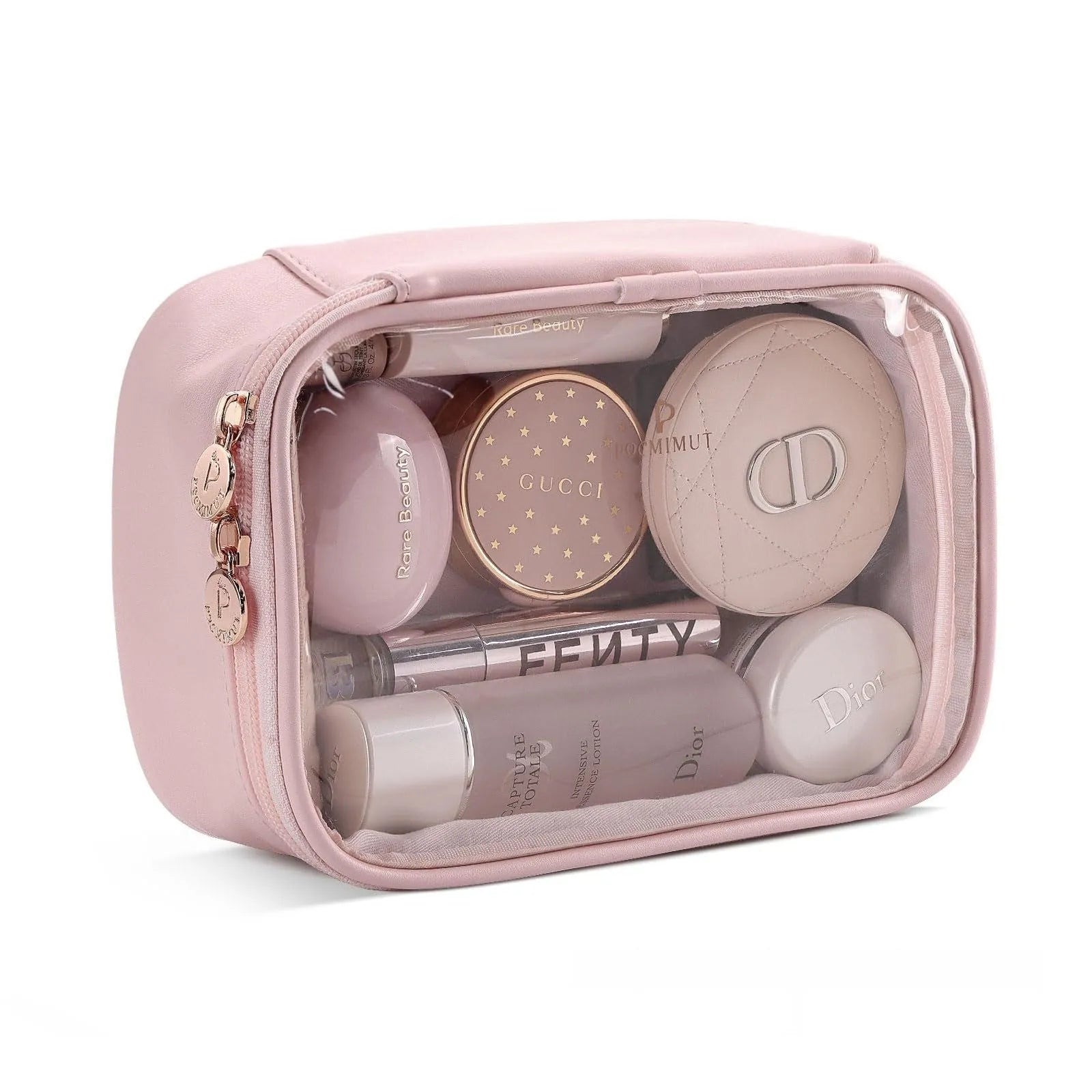 Transparent PVC leather cosmetic bag showing interior organisation and dry wet separation compartments.