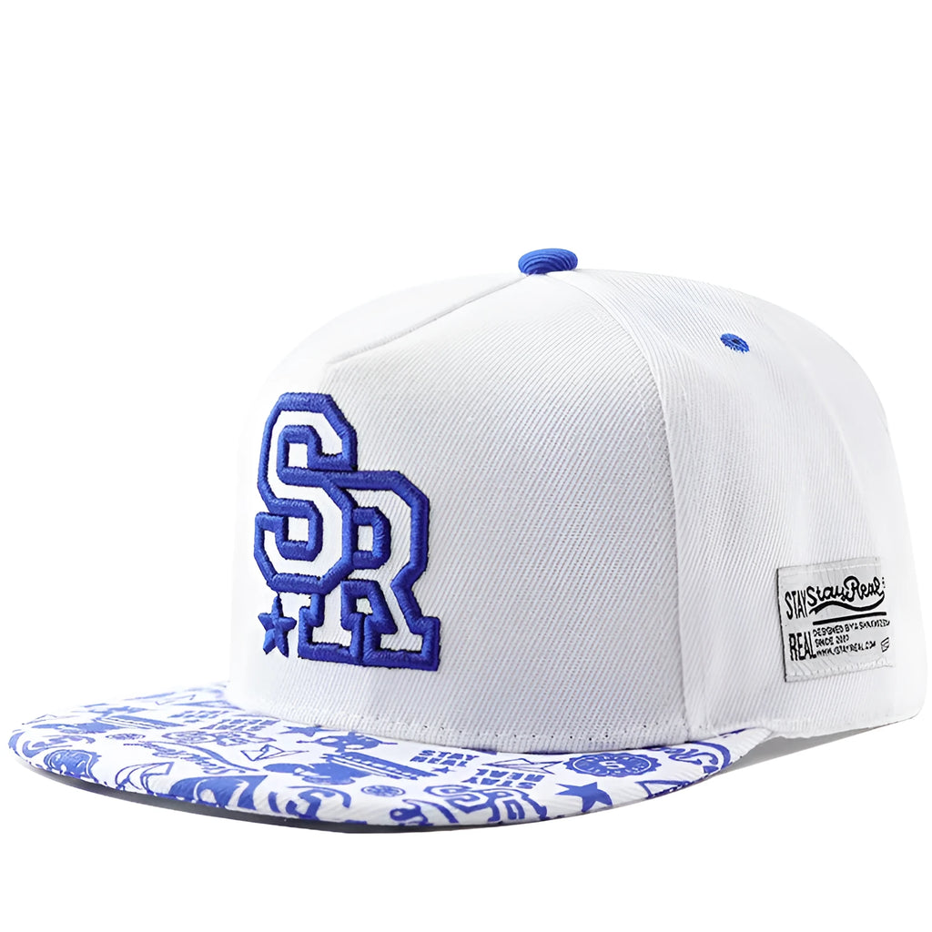 Cotton baseball cap with embroidered letters on the front, shown in black and white colours.