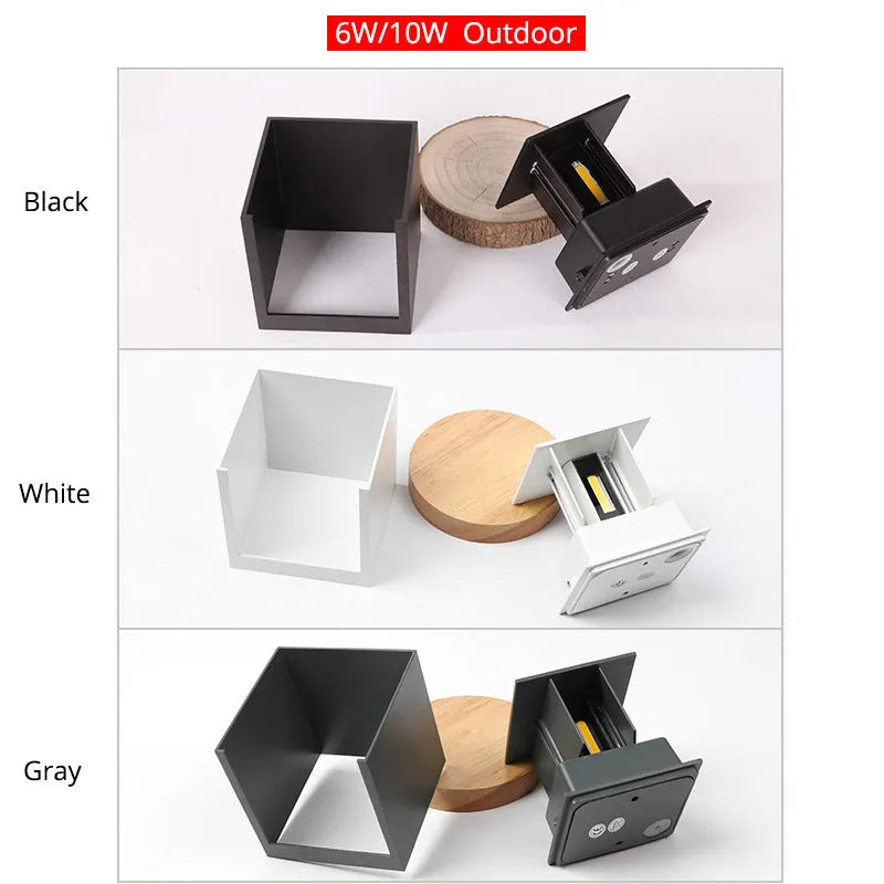 Black, grey, or white cube wall lamp with aluminium housing for corridor and garden lighting.