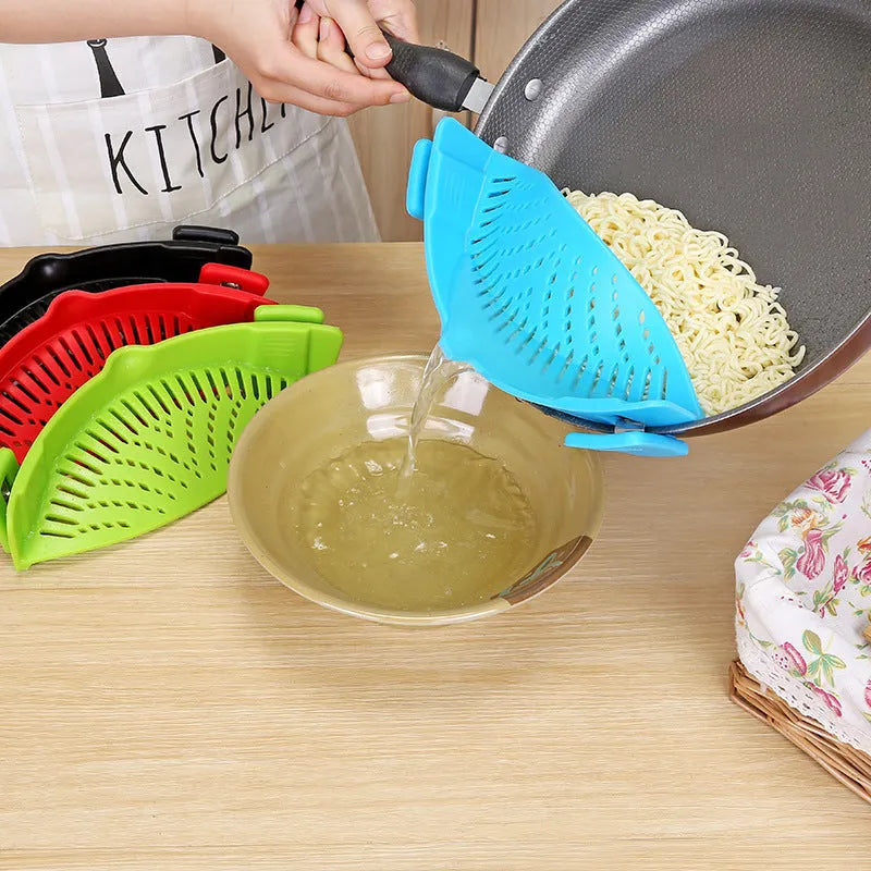 Silicone clip-on kitchen funnel strainer for draining liquids from pots with buckle attachment