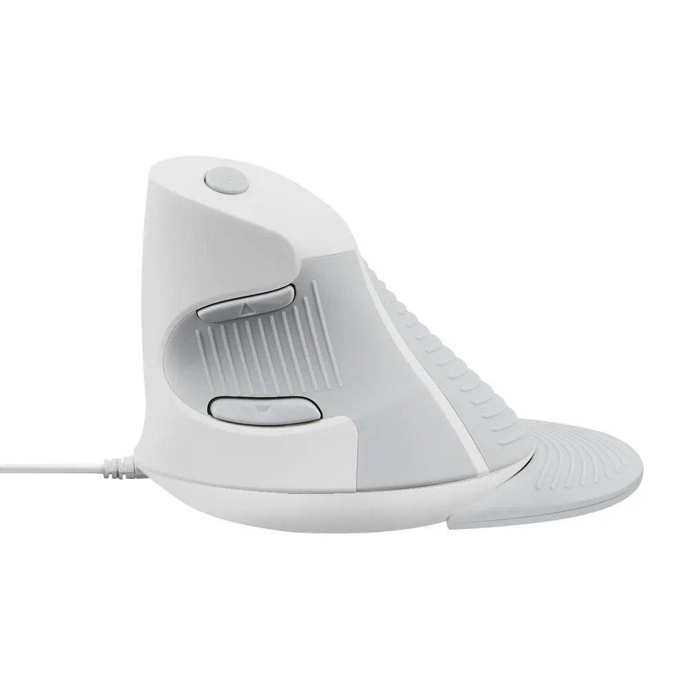Black ergonomic vertical computer mouse showing upright design and USB cable