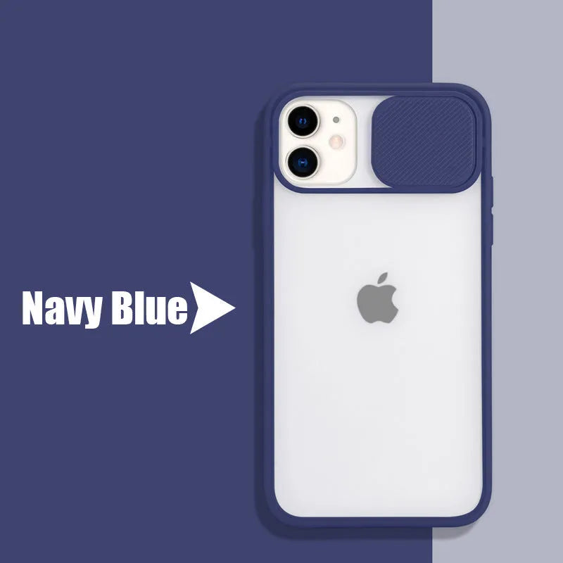 Frosted frame silicone phone case for iPhone in various colours including blue, pink, and black.
