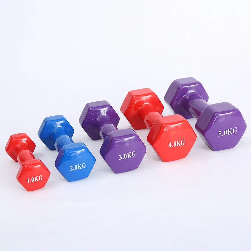 Bright coloured plastic-coated fitness dumbbells in multiple weights for home exercise