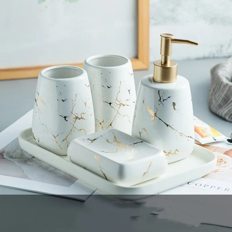 Ceramic bathroom wash set in light luxury style with black, blue or white colour options