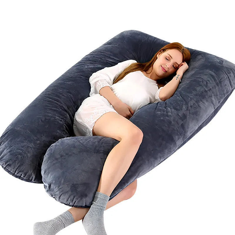 Large U-shaped pregnancy support pillow with removable cover in choice of fabrics.