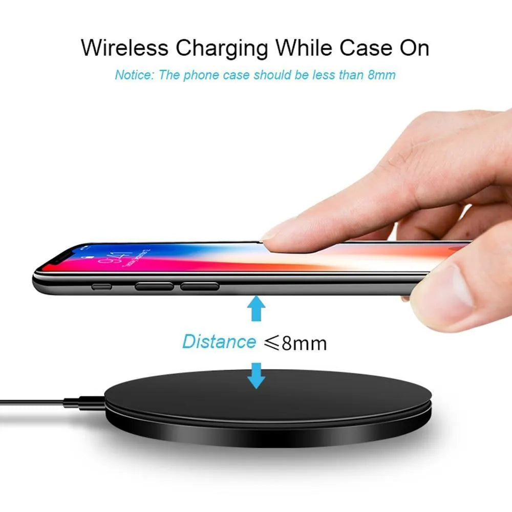 Black square ultra-thin wireless charging pad for smartphones with fast 9V Qi charging.