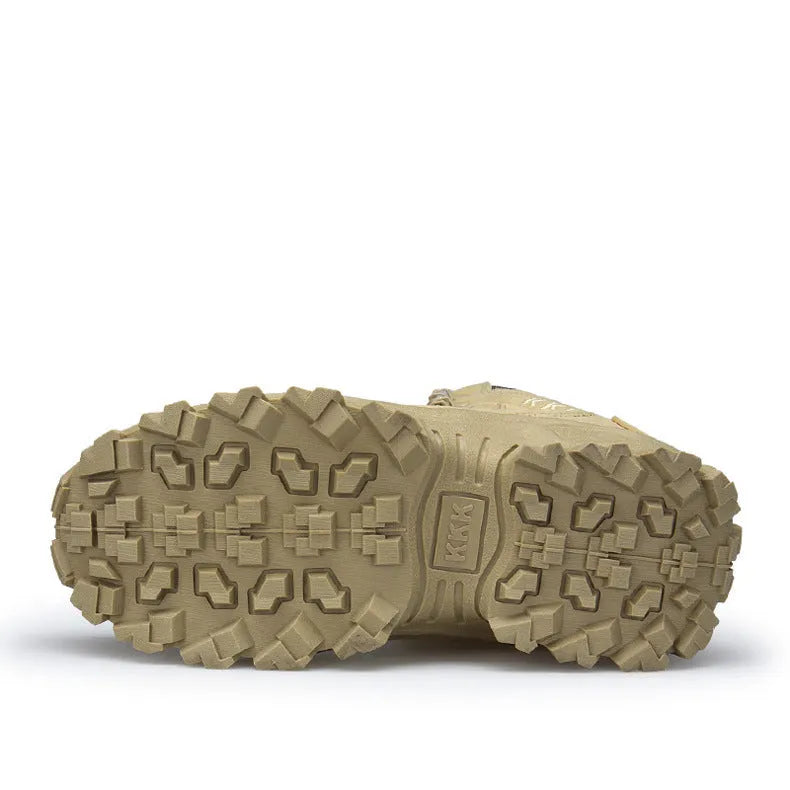 Men's US Army style Delta tactical boots in black with rubber sole, shown on a rough outdoor surface.
