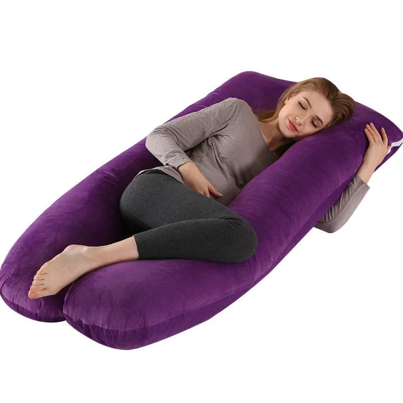 Large U-shaped pregnancy support pillow with removable cover in choice of fabrics.
