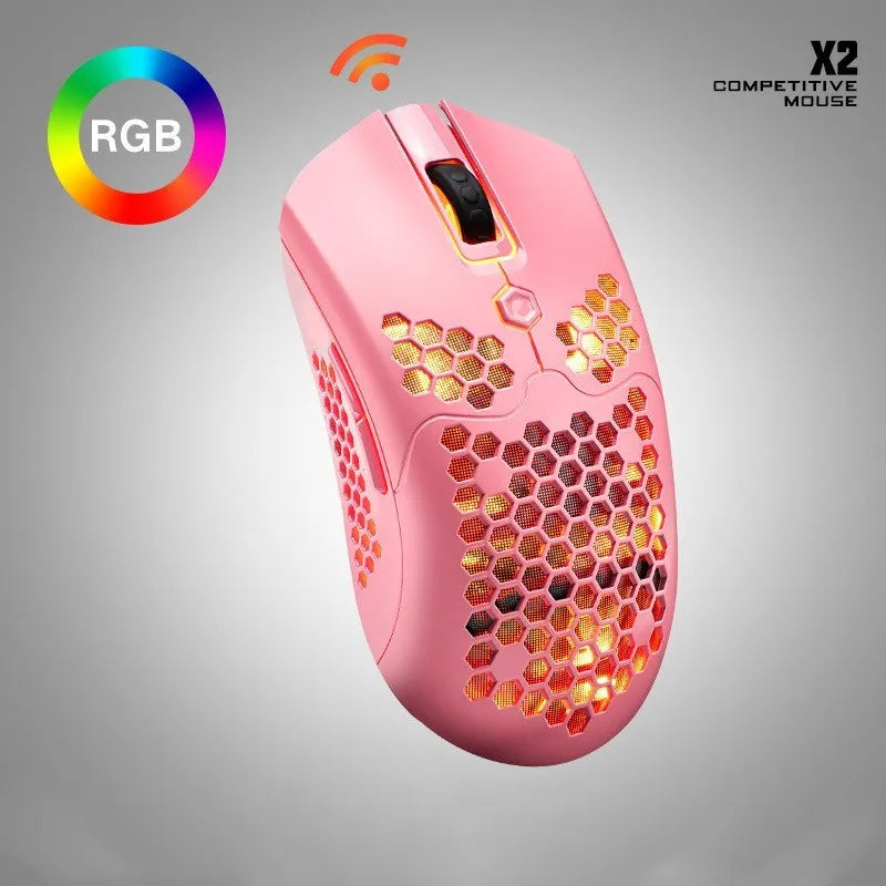 Free Wolf X2 wireless RGB gaming mouse in multiple colour options on gaming desk