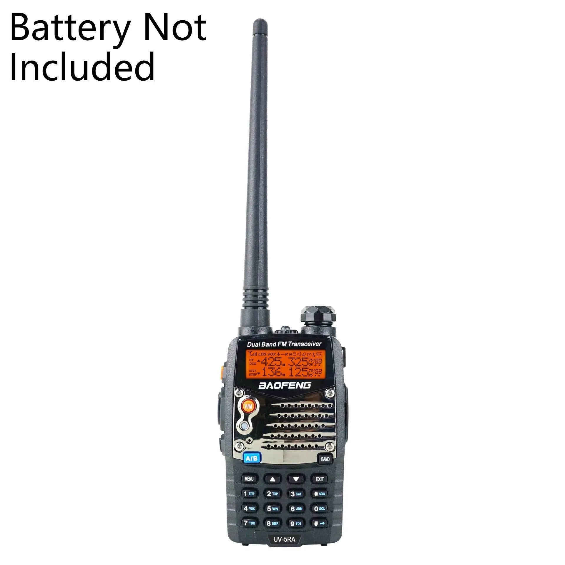 Baofeng UV-5RA dual-band handheld radio transceiver with dual display screen and removable battery