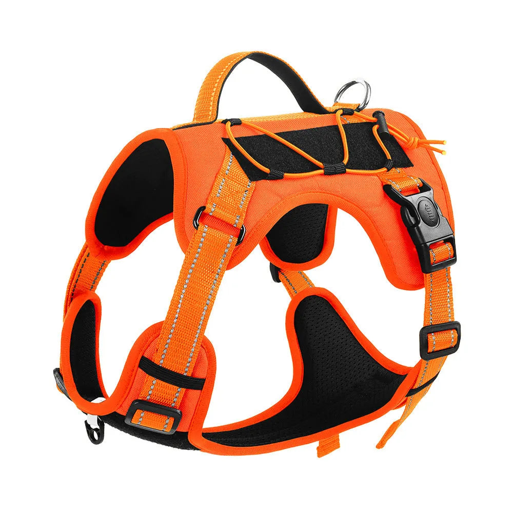 Reflective explosion-proof dog harness with attached hand-holding rope in orange colour, showing adjustable straps and safety features