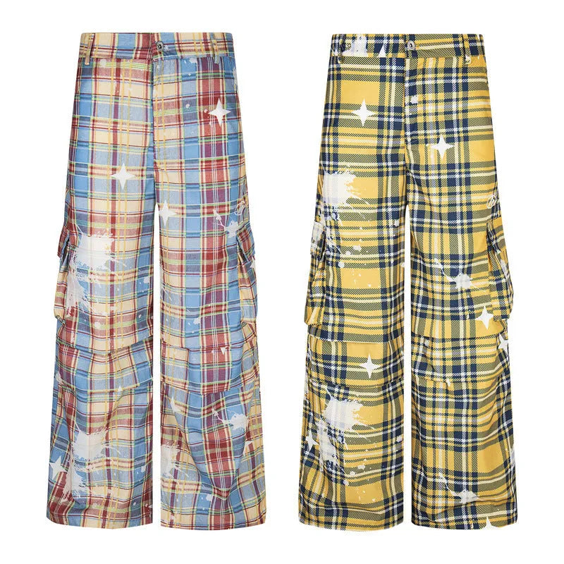 Man wearing blue and yellow plaid loose straight-leg casual overalls
