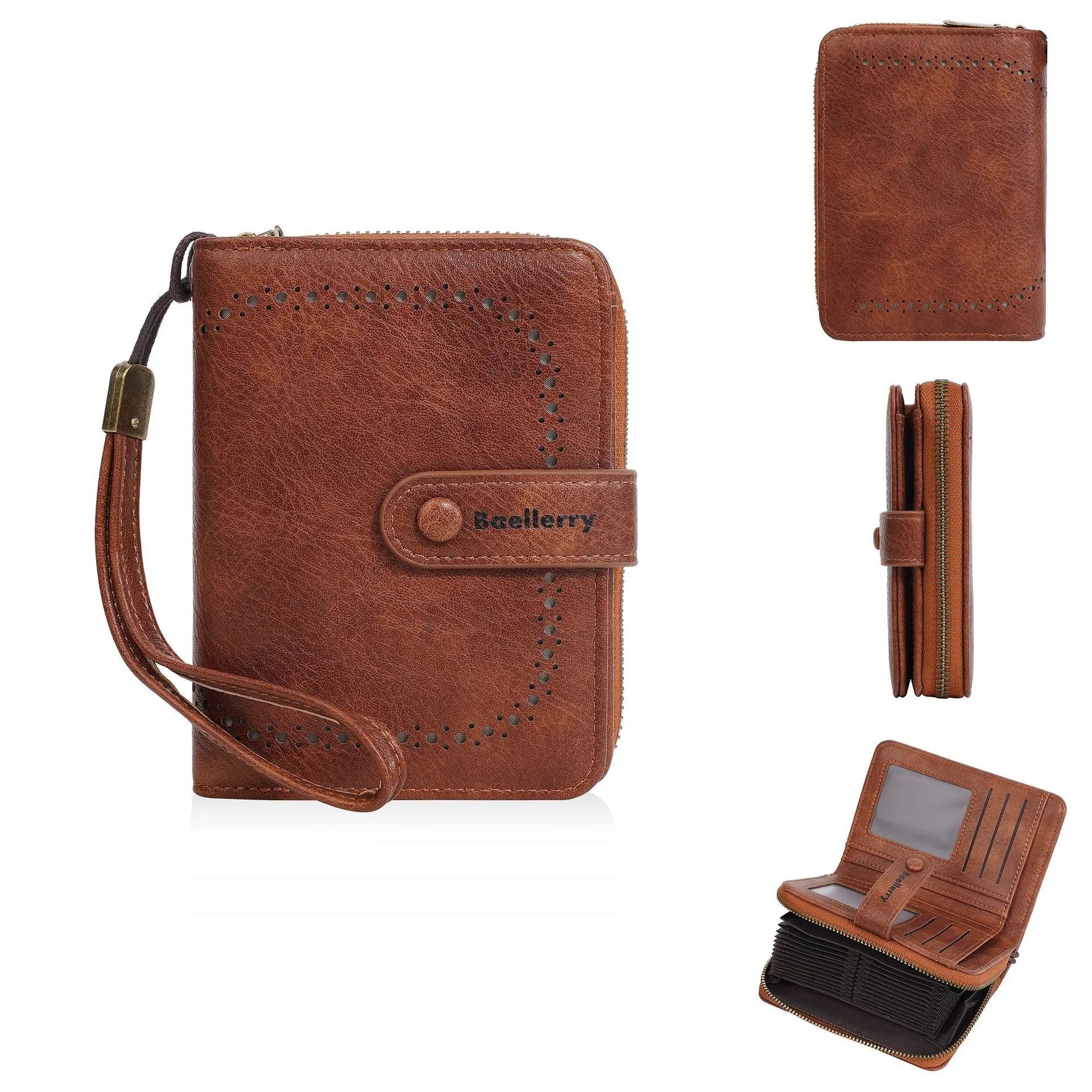 Women's black PU leather zip coin purse lying open showing card slots and a coin compartment.