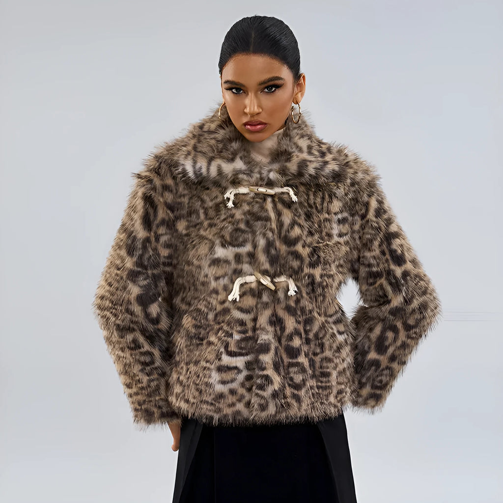 Women's leopard print street fashion coat with a buckled lapel