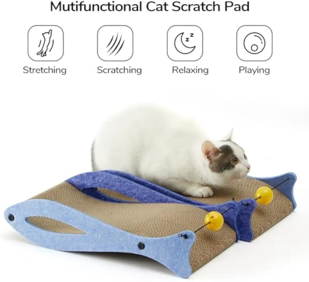 Blue fish-shaped cat scratcher with cardboard lounge area and hanging ball toys
