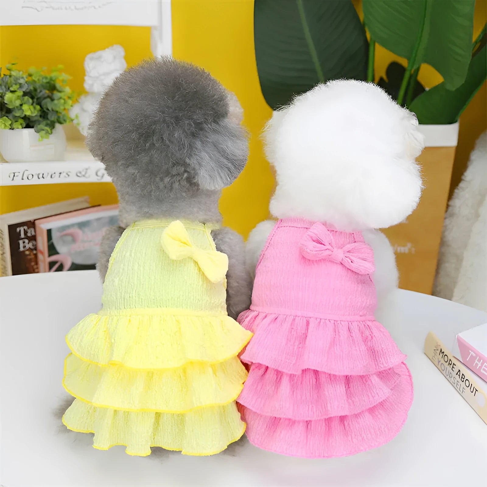 Small dog wearing candy layered skirt princess dress in rose red colour