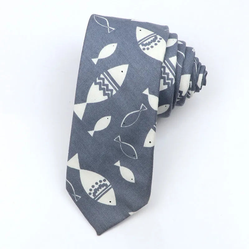 Korean style narrow men's cotton bow tie with a printed cartoon pattern in a selected colour.
