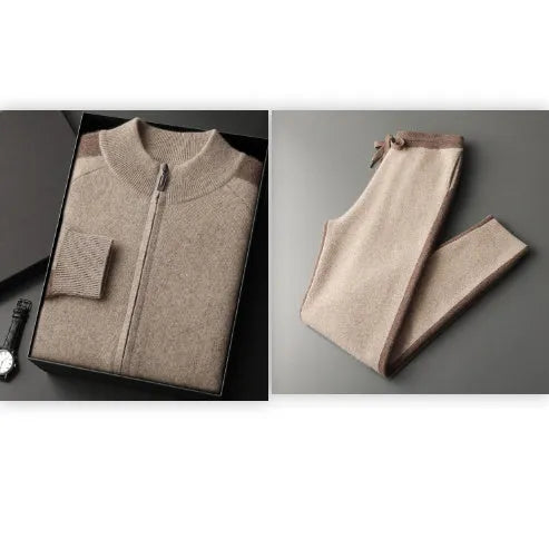 Men's cashmere wool blend knitted suit set with half turtleneck zipper cardigan and matching trousers for winter wear