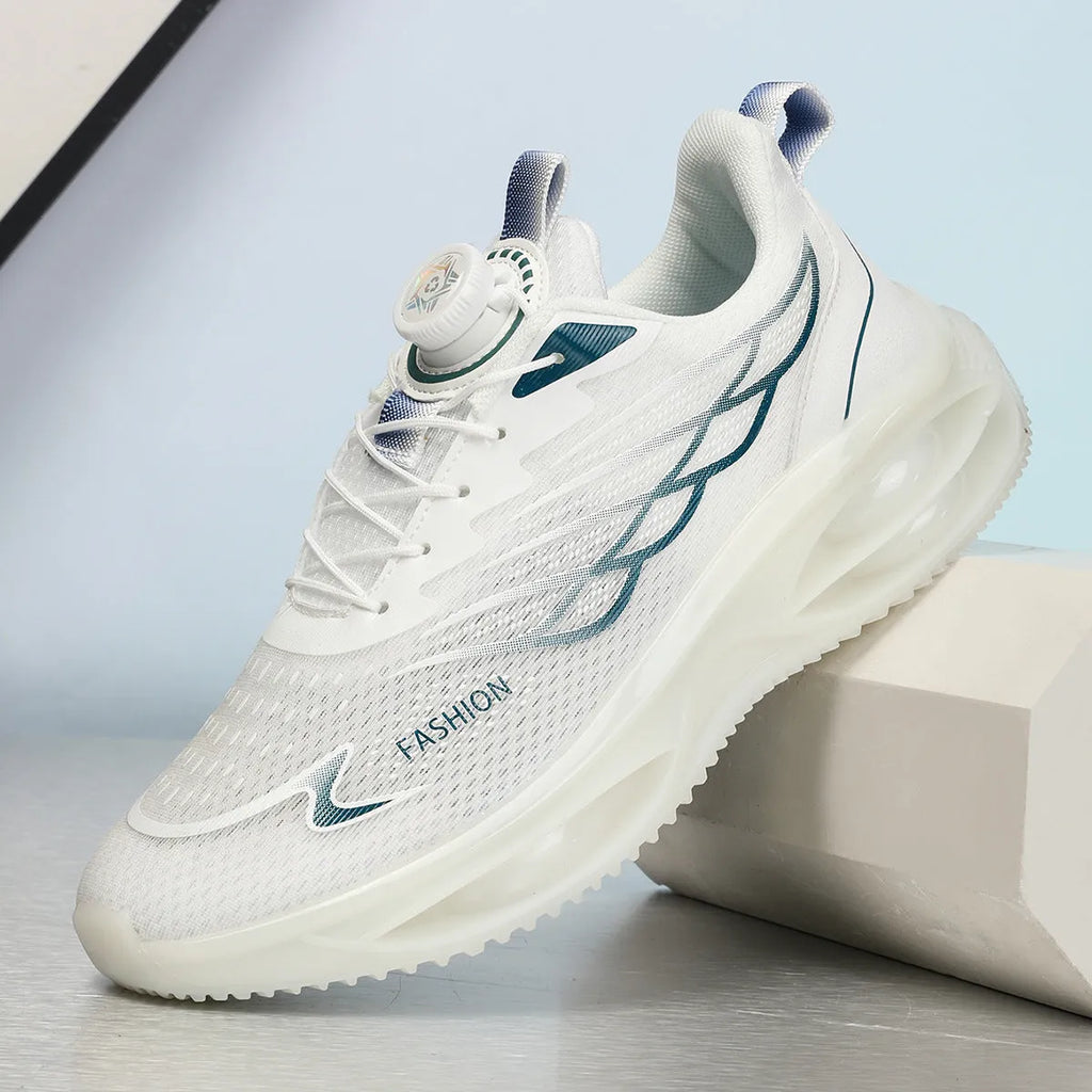 Casual breathable running shoe in sky blue with mesh upper and rubber sole, front lace-up design.