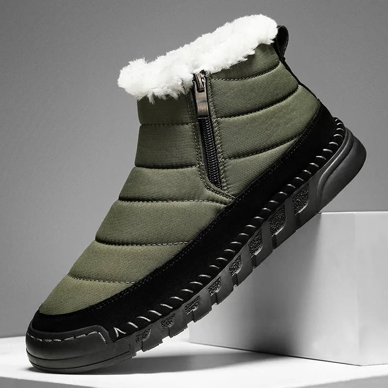 Men's plus size snow boot in black with round toe, flat heel, and non-slip rubber sole.