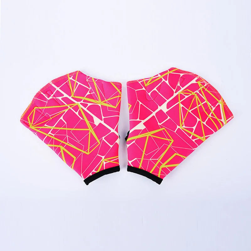 Webbed duck feet swimming gloves in nylon material showing colour variations and sizing options