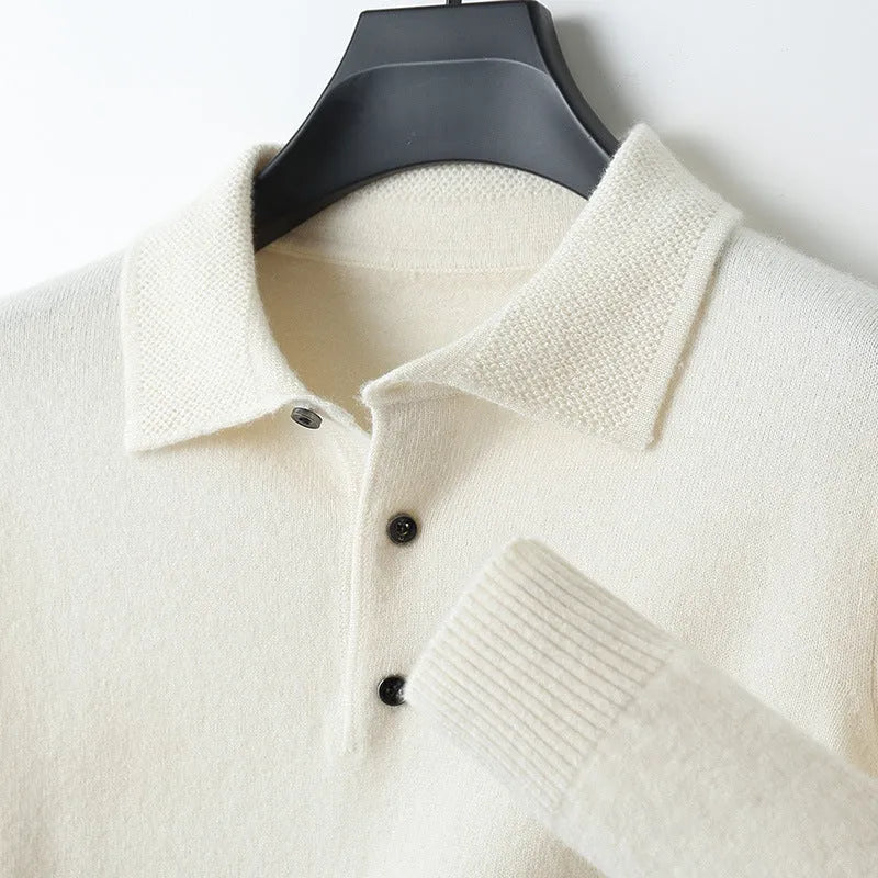 Men's grey wool polo collar sweater on a hanger, showing long sleeves and smart collar detail