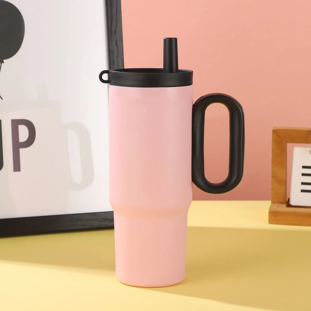 DIY Vitality large insulated straw cup with handle in black, pink, blue, white, or yellow.