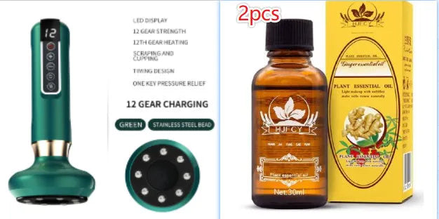 Green electric vacuum cupping massager with USB charger and essential oil head