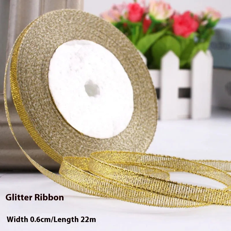 Roll of 0.6cm wide coloured polyester gift ribbon with 22 metre length.