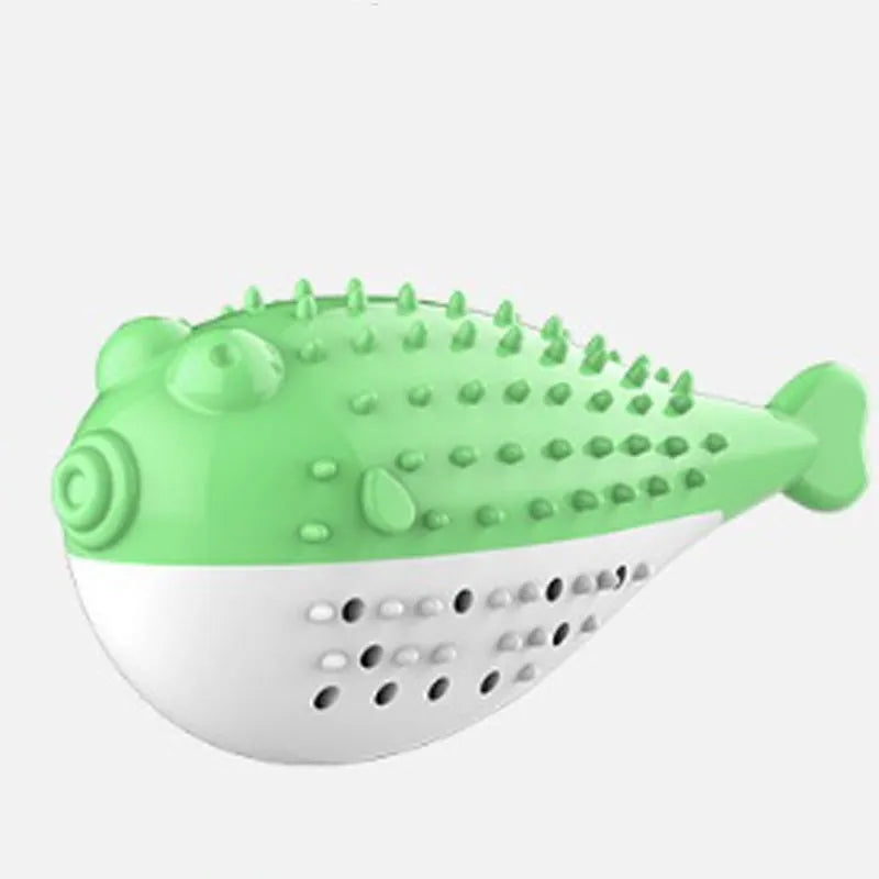 Blue silicone fish-shaped chew toy for cats on a plain background