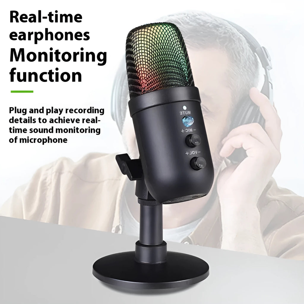 Black USB microphone with RGB lighting for computer and mobile phone recording
