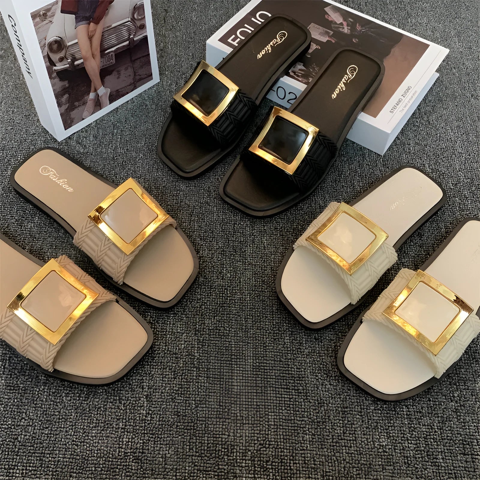 Women's summer casual flat slippers with PVC sole in apricot, black, or khaki colour options