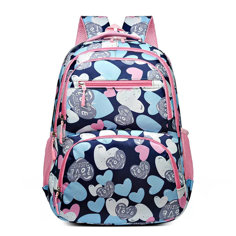 Blue student backpack with air cushion shoulder straps, large main compartment and Oxford cloth material.