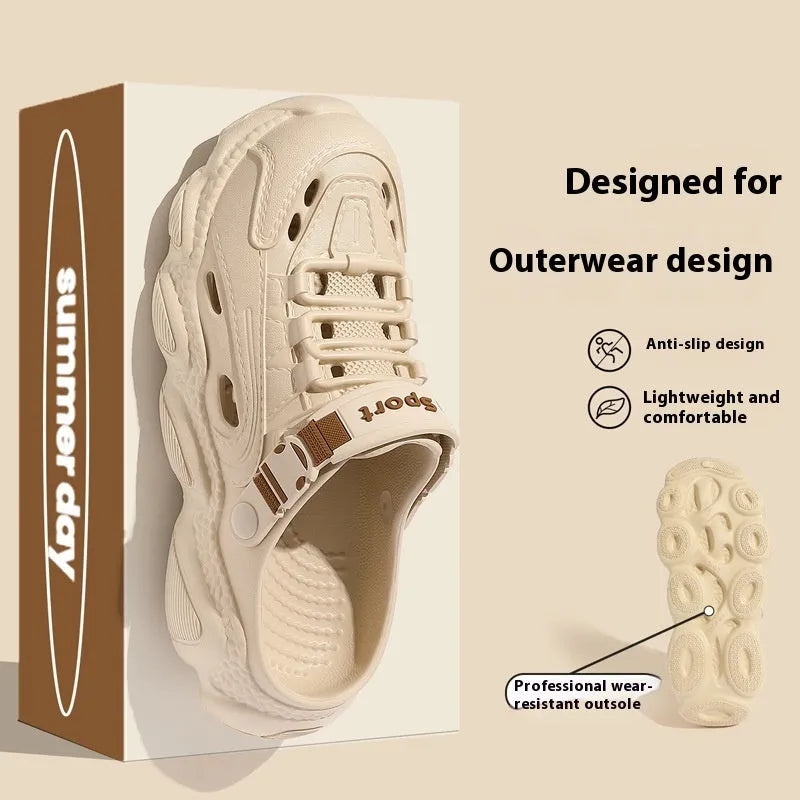 Men's khaki outdoor summer slippers with hollow-out design and lightweight EVA sole.