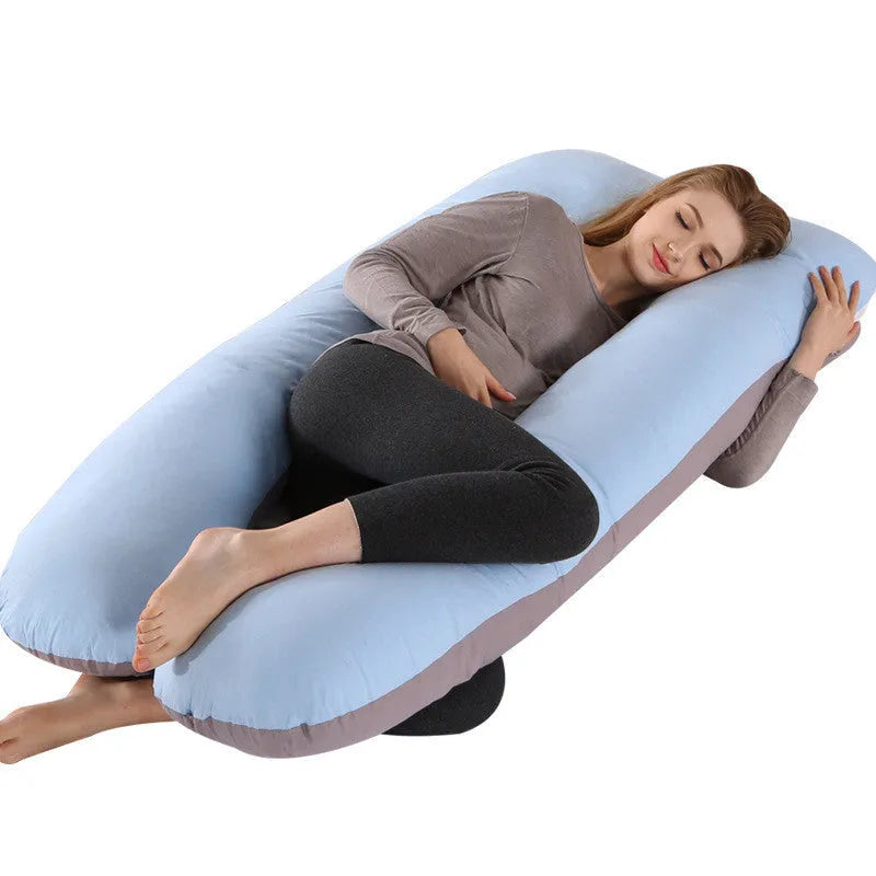 Large U-shaped pregnancy support pillow with removable cover in choice of fabrics.