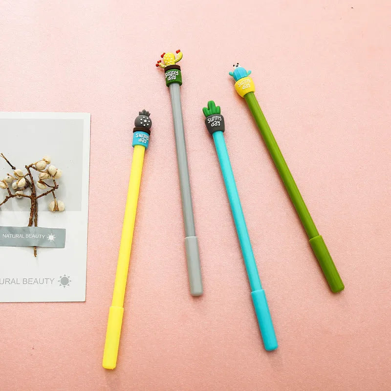 Potted cactus gel pen in green silicone with fine 0.5mm tip, 18.5cm length, on desk