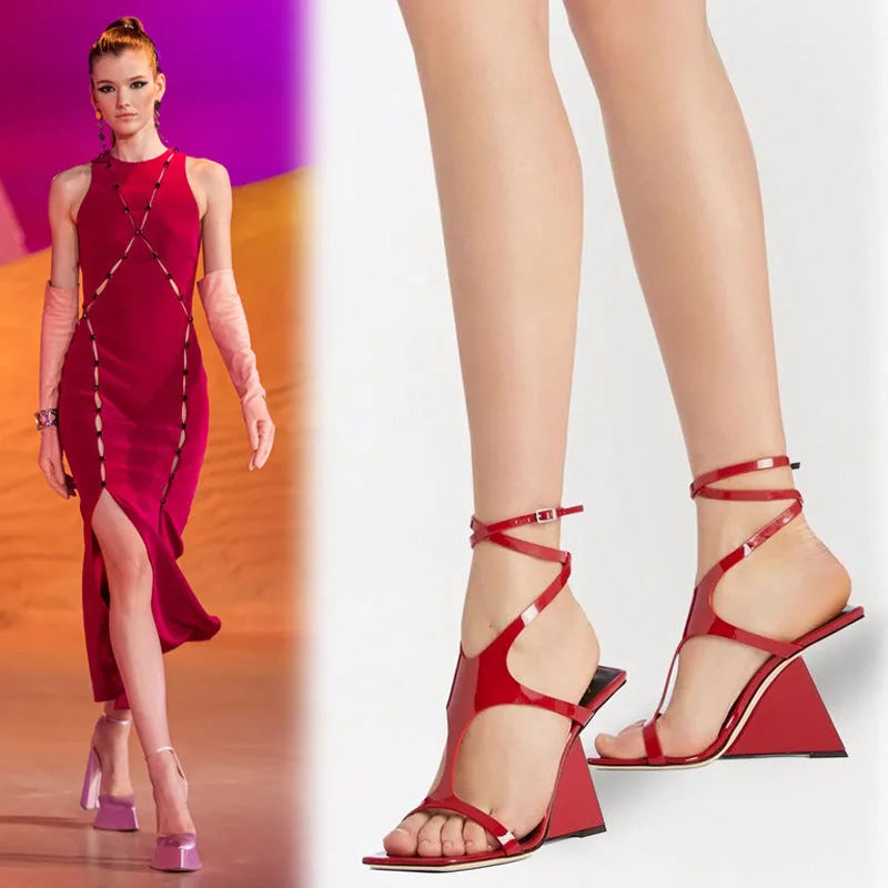 Women's square toe high heel sandals with button closure in black, red and beige colours