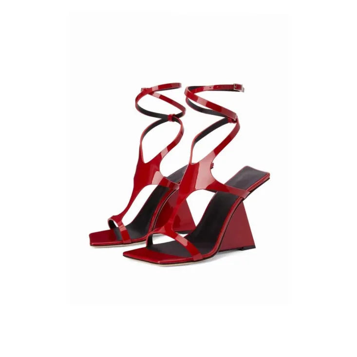 Women's square toe high heel sandals with button closure in black, red and beige colours