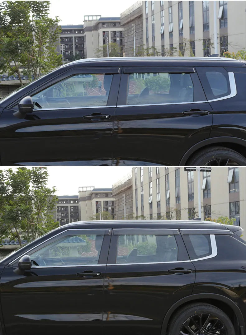 Black Warrior and translucent window deflector sets for a 2023 Mitsubishi Outlander.