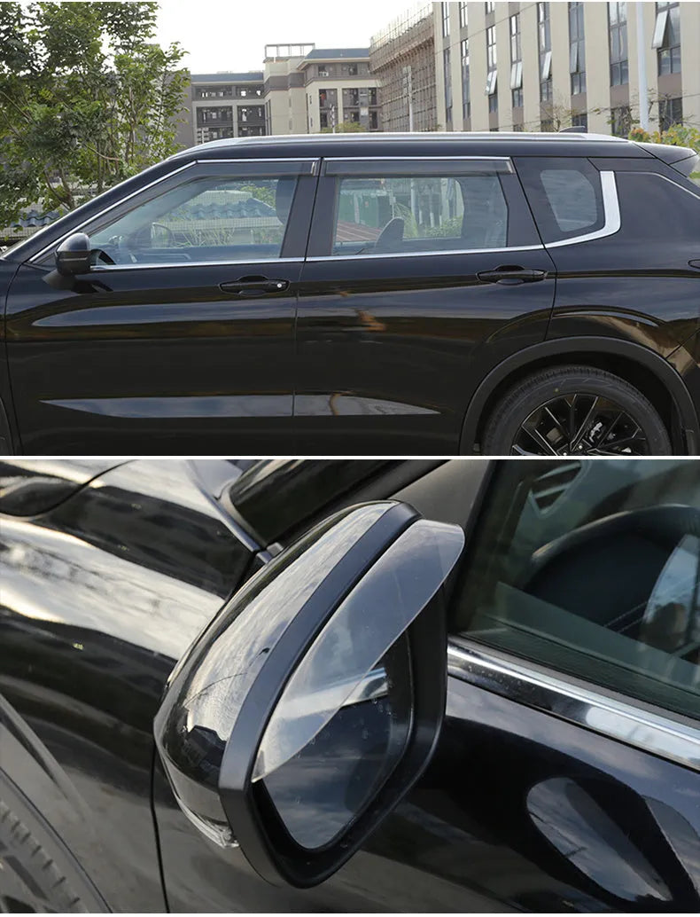 Black Warrior and translucent window deflector sets for a 2023 Mitsubishi Outlander.