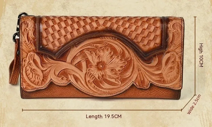 Chinese floral embossed tri-fold women's wallet in retro brown cowhide leather showing folded dimensions