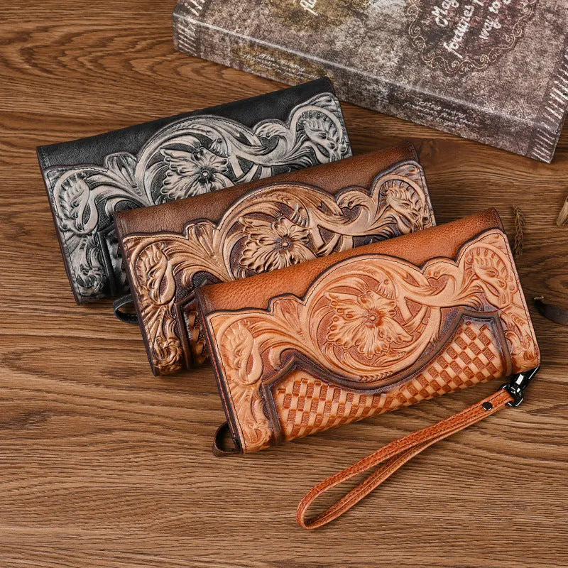 Chinese floral embossed tri-fold women's wallet in retro brown cowhide leather showing folded dimensions