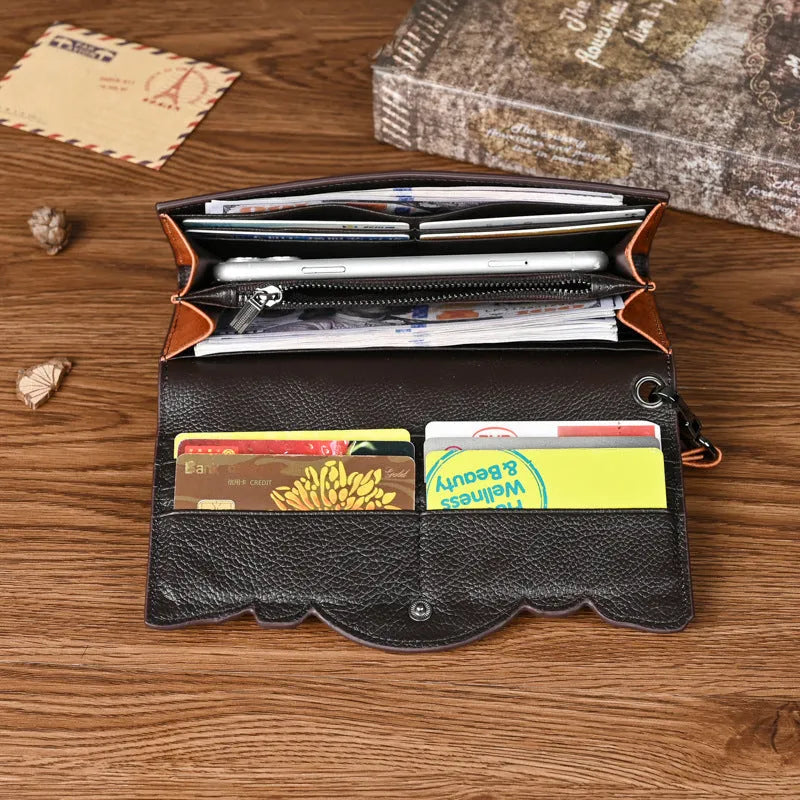 Chinese floral embossed tri-fold women's wallet in retro brown cowhide leather showing folded dimensions